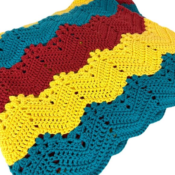 Crochet Knitted Afghan Throw Blanket Zig Zag Chevron Pattern Red Yellow Teal - Picture 1 of 4